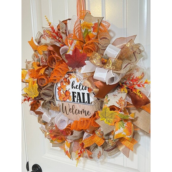Handmade Hello Fall Welcome Door Wreath Acorn Leaf 22 in LED Thanksgiving W12 - Picture 3 of 10